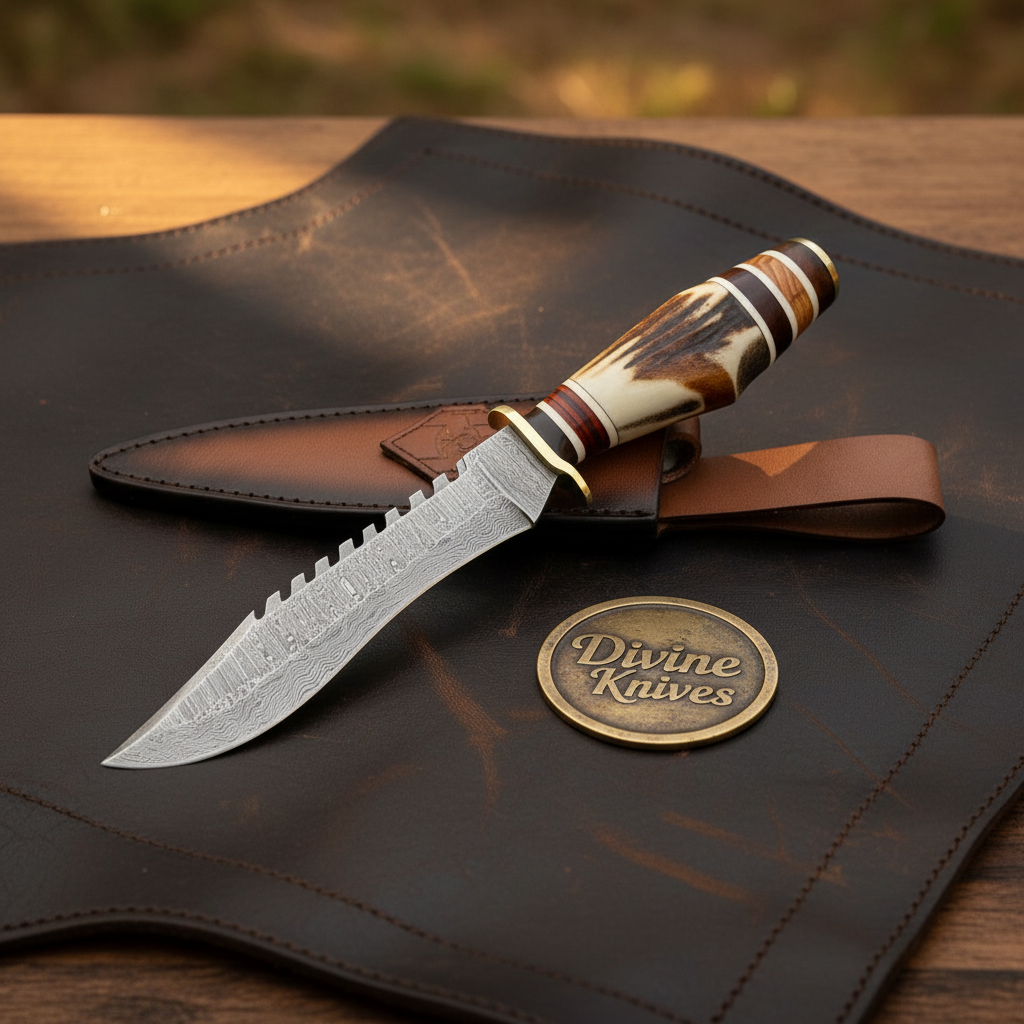 Sawtooth Spine Hunting Knife with Stacked Stag Handle and Hand Forged Layered Blade by Divine Knives — product view 1