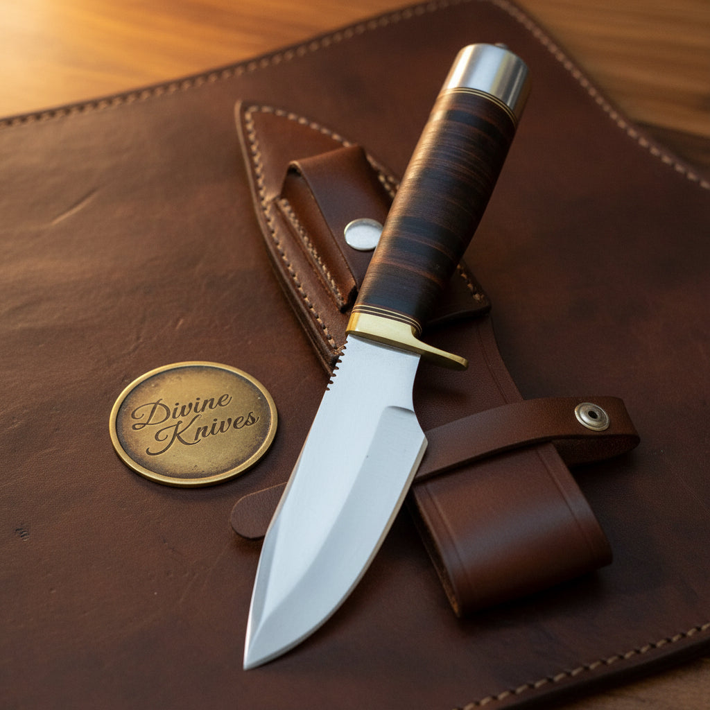 Classic Randall-Style Camp Knife with Stacked Leather Sheath by Divine Knives — product view 2