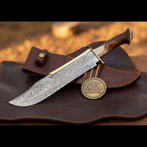 Dundee Crown Stag Damascus Bowie Knife with Natural Crown by Divine Knives — product view 2
