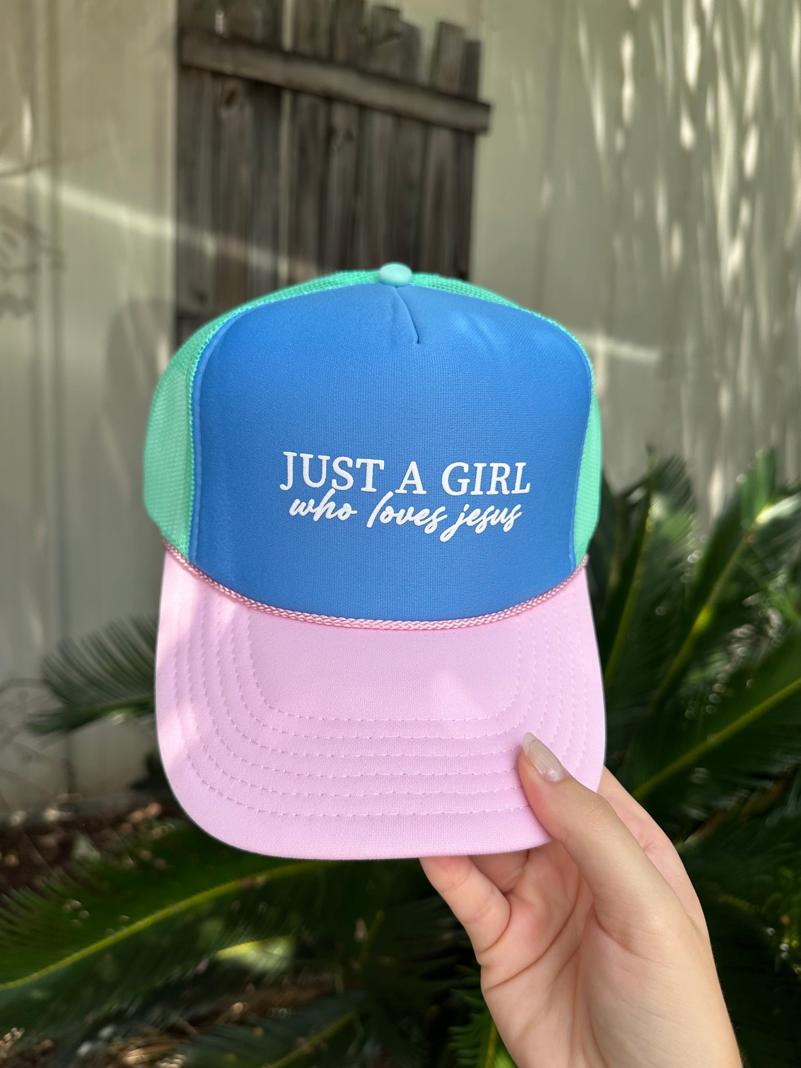 Just A Girl Who Loves Jesus Multi-Trucker Hat (Carolina Blue) by Southern Bliss Company, Southern lifestyle apparel main product photo