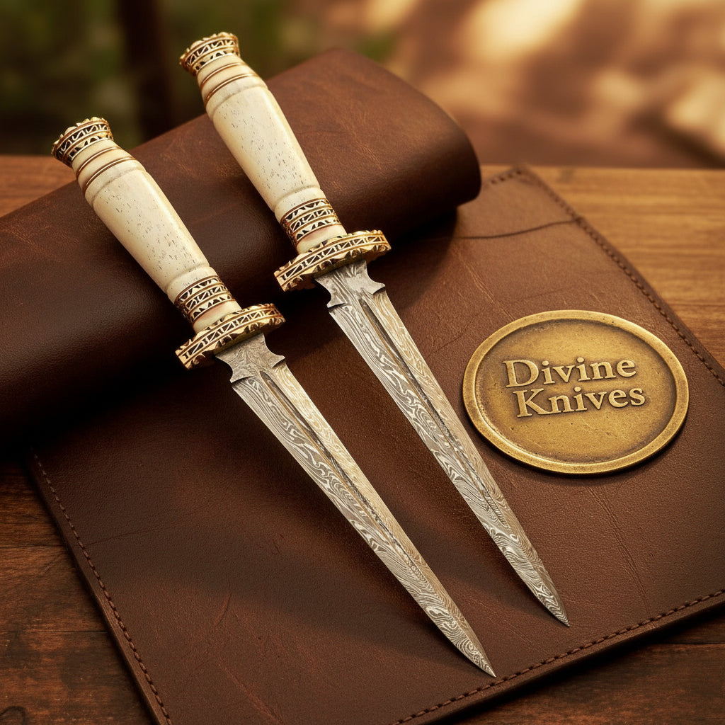Ornate Engraved Brass Damascus Dagger Set by Divine Knives