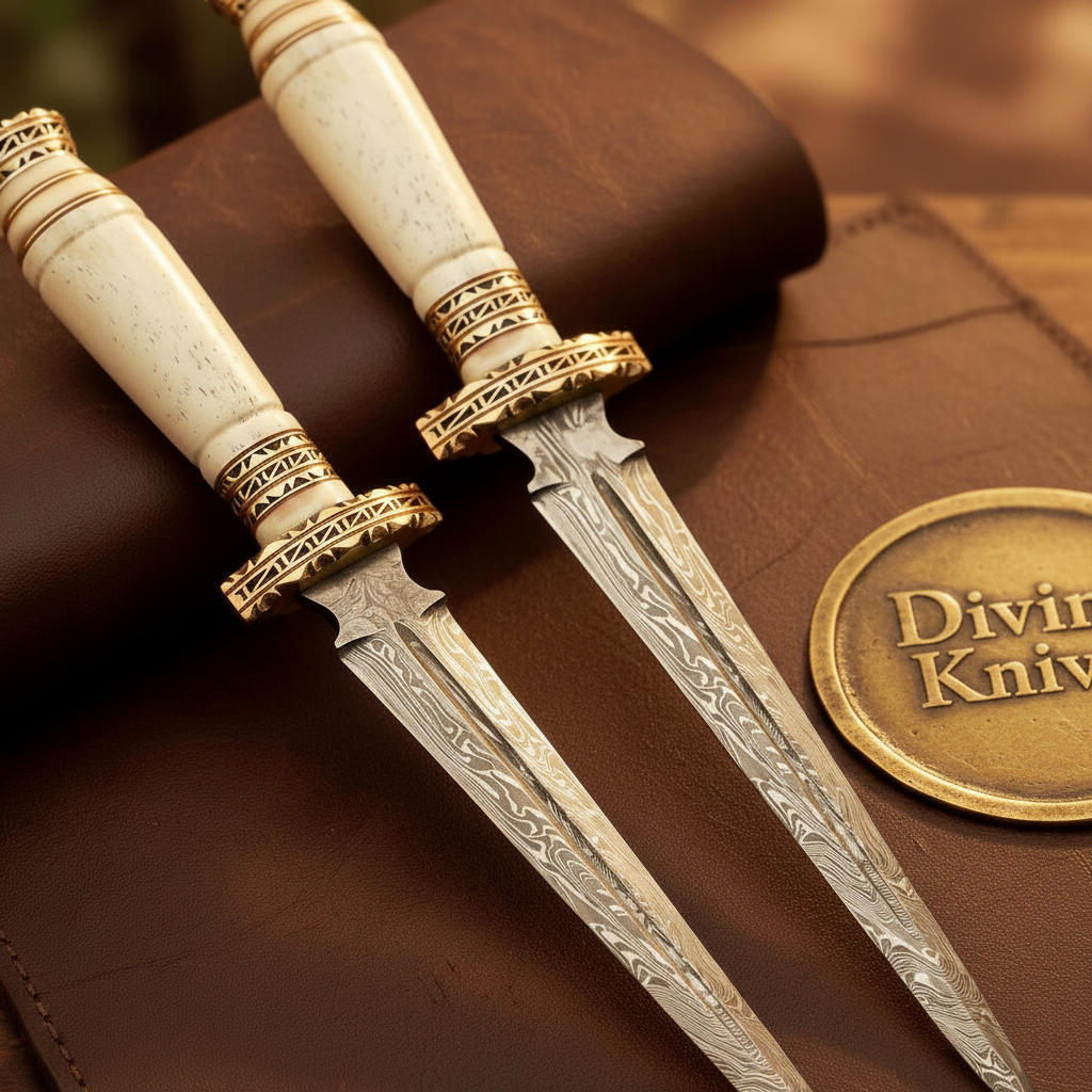 Ornate Engraved Brass Damascus Dagger Set by Divine Knives — detail view 2