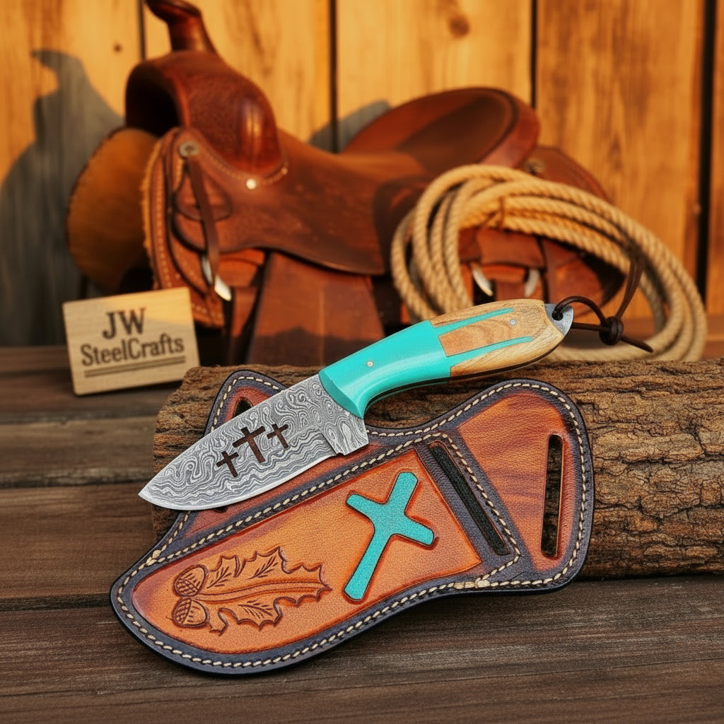 Turquoise Trinity Cross Ranch Knife by JW SteelCrafts
