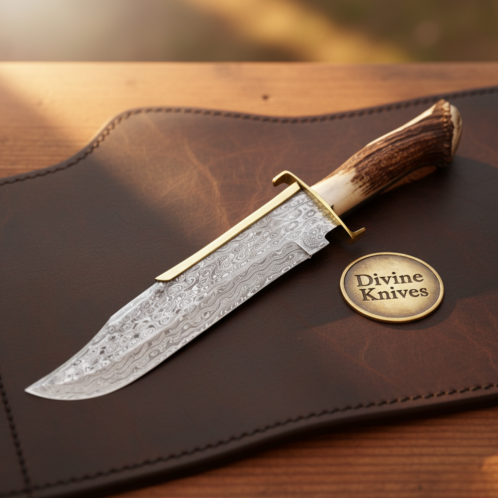 Dundee Crown Stag Damascus Bowie Knife with Natural Crown by Divine Knives — product view 3