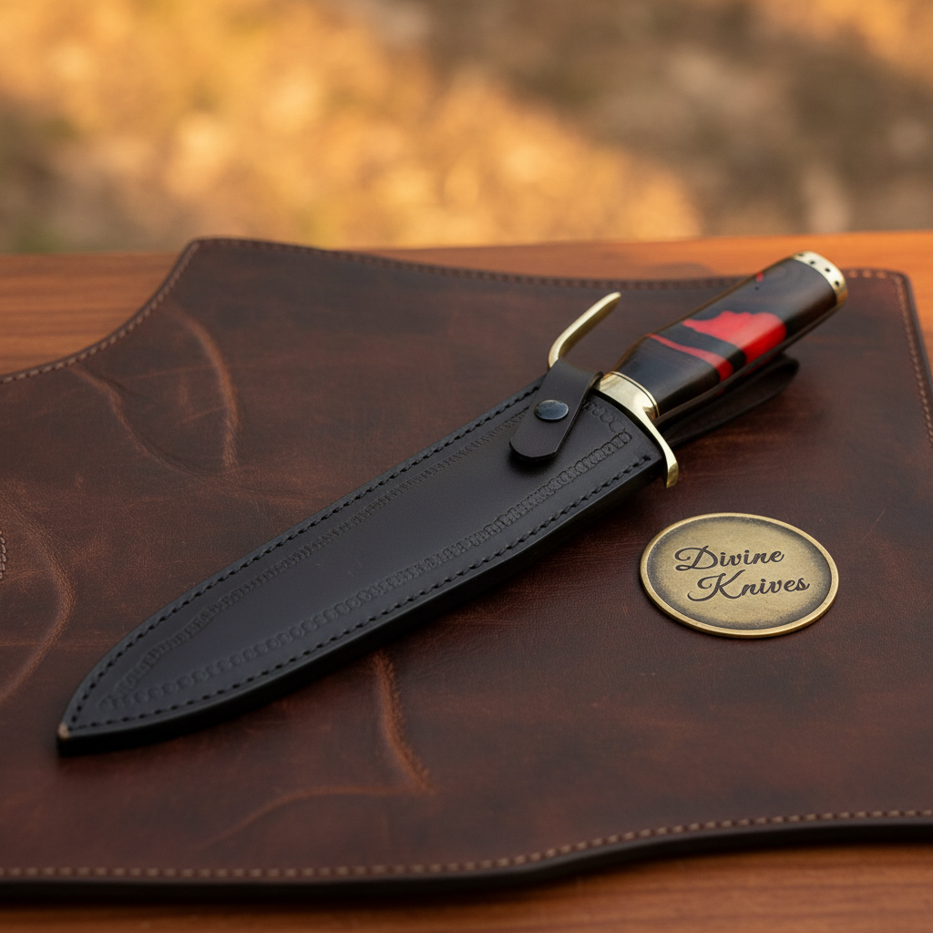 Red Micarta Handle Bowie Knife with Polished Drop Point Blade and Tooled Black Sheath by Divine Knives — product view 2