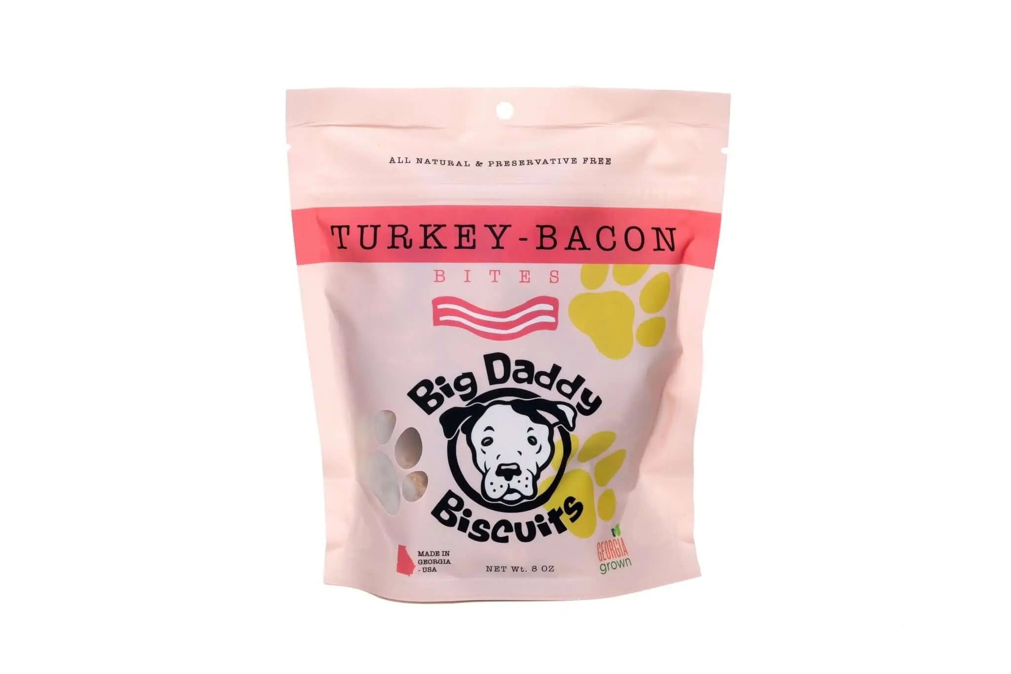 Big Daddy Biscuits turkey bacon flavor dog treat packaging with paw print graphics.
