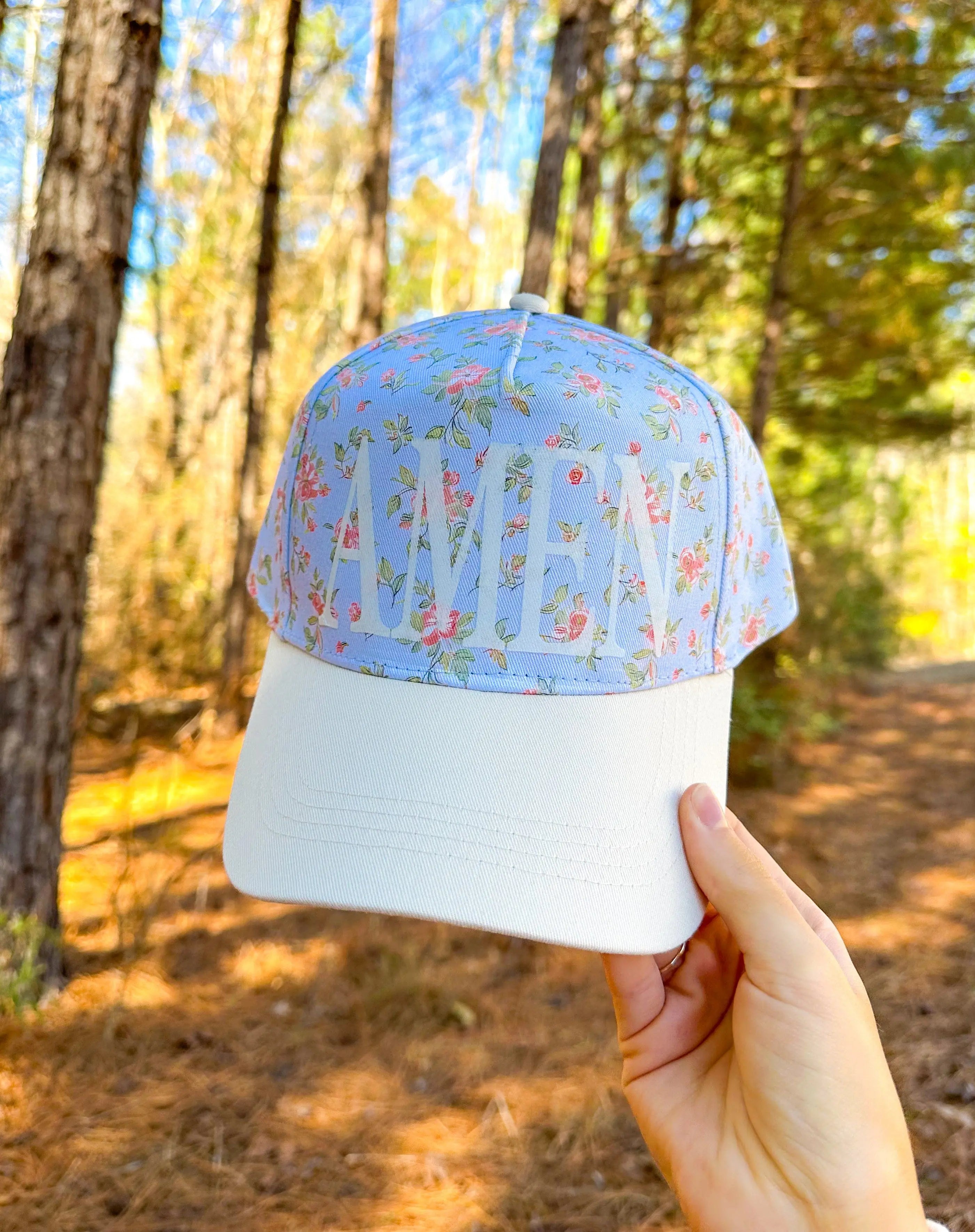 AMEN Floral Coral/ Light Blue Trucker Hat by Southern Bliss Company, Southern lifestyle apparel main product photo
