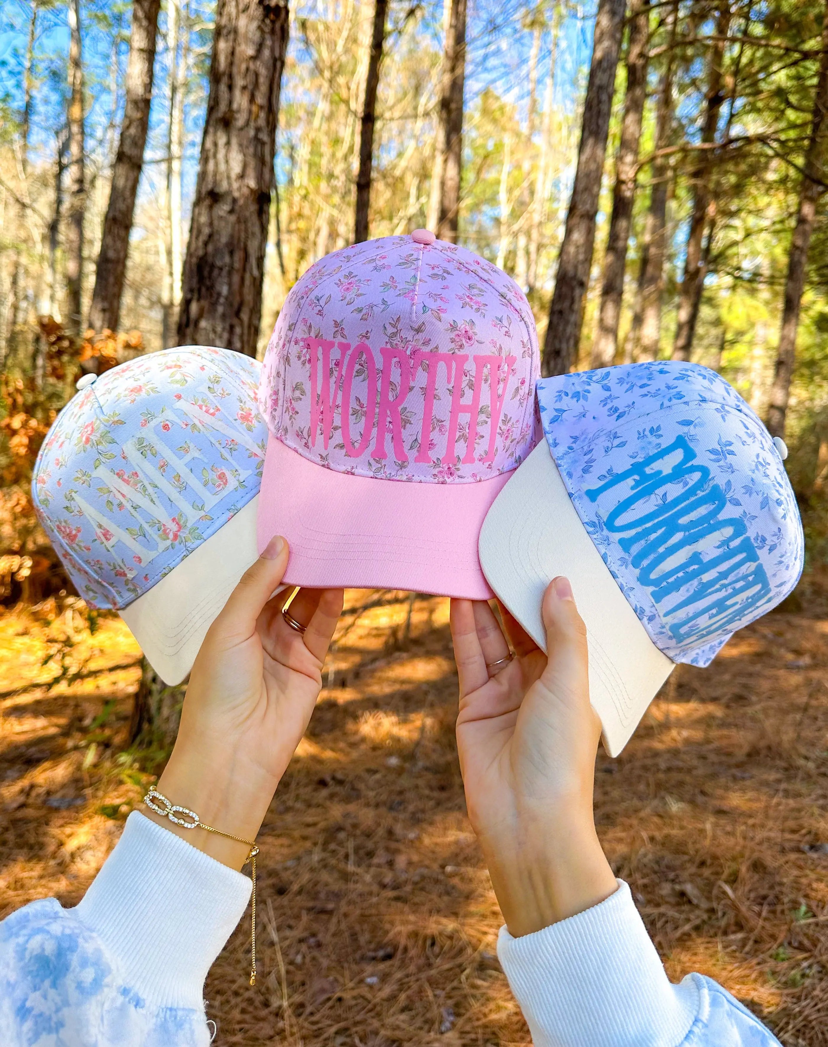 AMEN Floral Coral/ Light Blue Trucker Hat by Southern Bliss Company, Southern lifestyle apparel detail photo 2