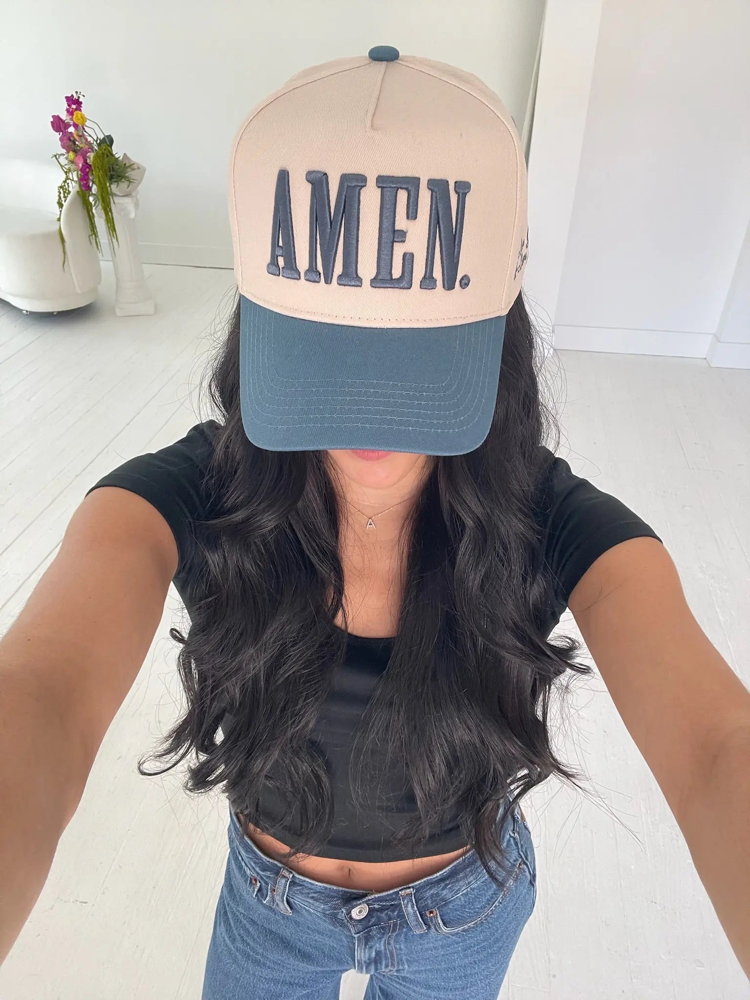 AMEN. - Slate Blue Vintage Trucker Hat by KenzKustomz, Southern lifestyle apparel detail photo 6