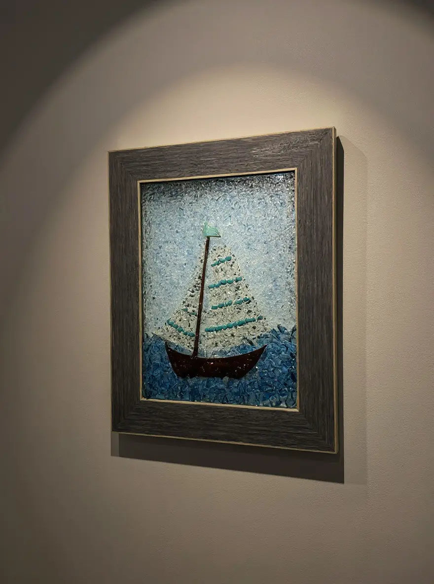 Adorable Framed Glass Sailboat by Two Beachin' Sisters, Southern small business gift main product photo
