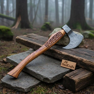 Hand Forged Damascus Bearded Viking Axe, Carved Rosewood Handle Nordic Bushcraft Hatchet | JW SteelCrafts