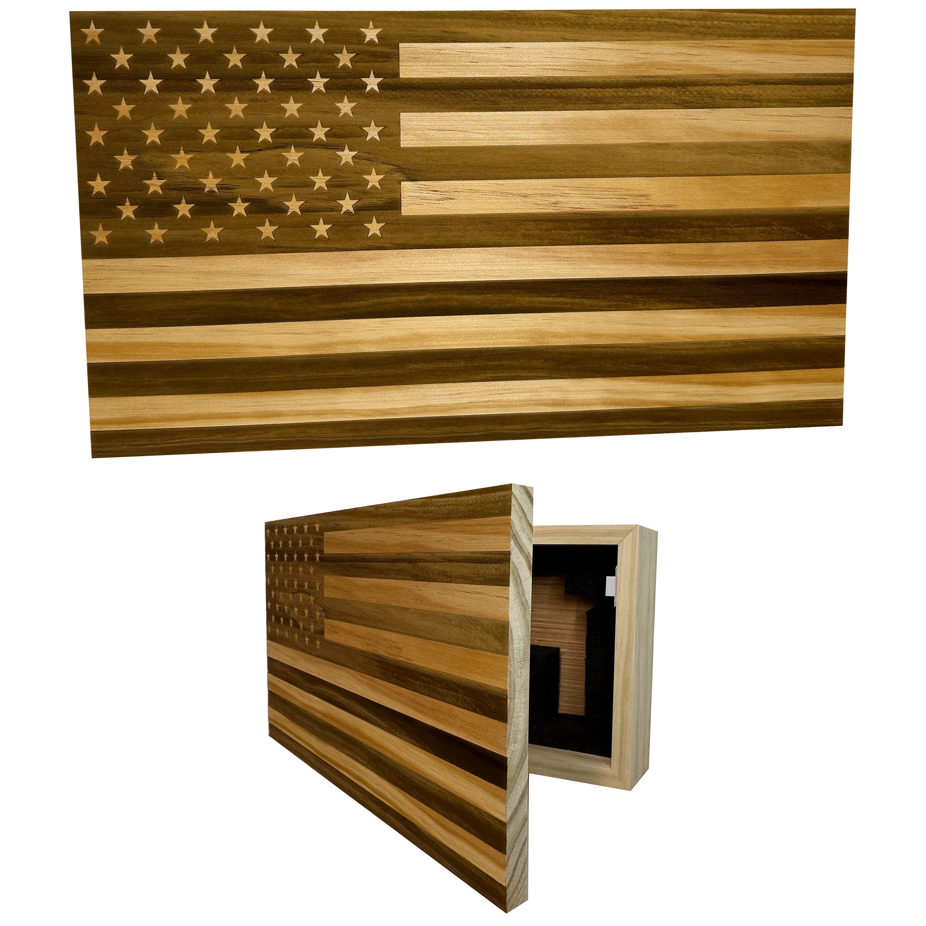 American Flag Hidden Gun Storage Decorative & Secure Wall-Mounted Concealed Gun Cabinet (Natural) by Bellewood Designs, Southern home decor main product photo