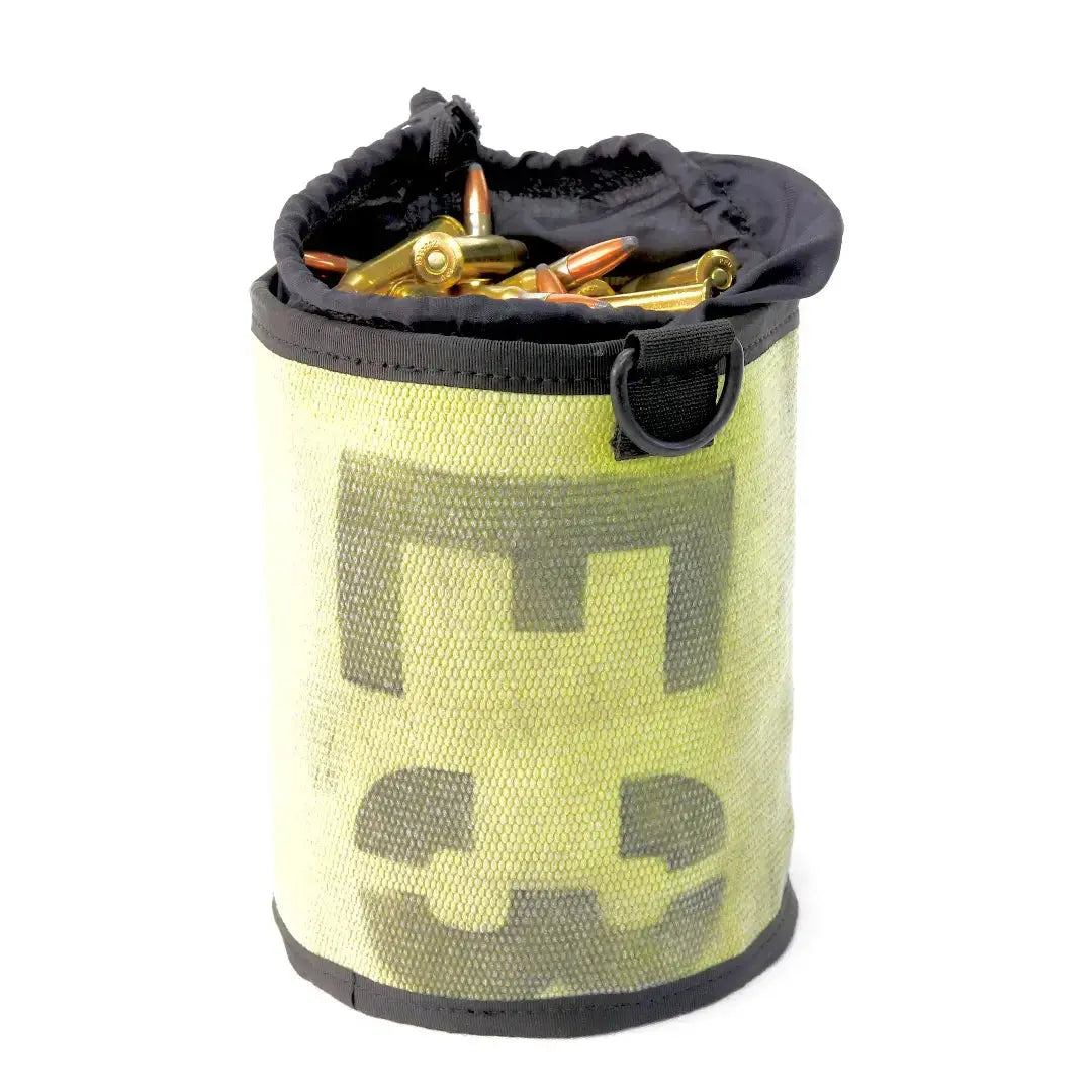 Cylindrical ammo and gear bag made from yellow recycled fire hose with a black drawstring top.