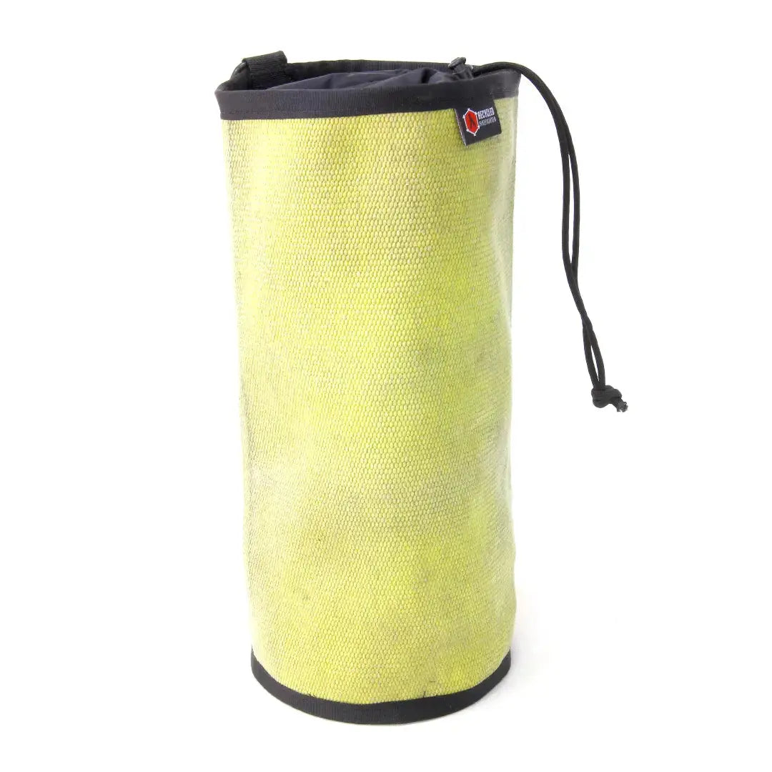 Yellow recycled fire hose ammo and gear bag with black drawstring closure