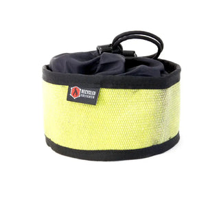 Yellow gear bag with black drawstring and Recycled Firefighter logo