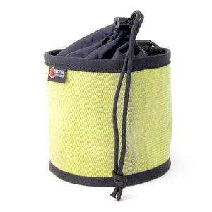 Yellow-green recycled fire hose gear bag with drawstring closure