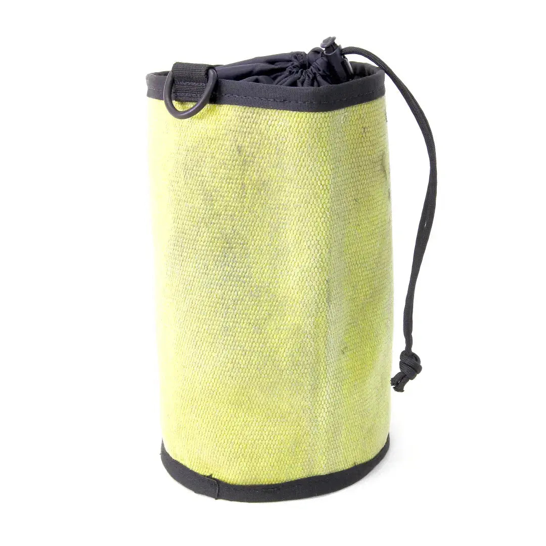 Yellow drawstring ammo bag made from recycled fire hose with D-ring attachment.
