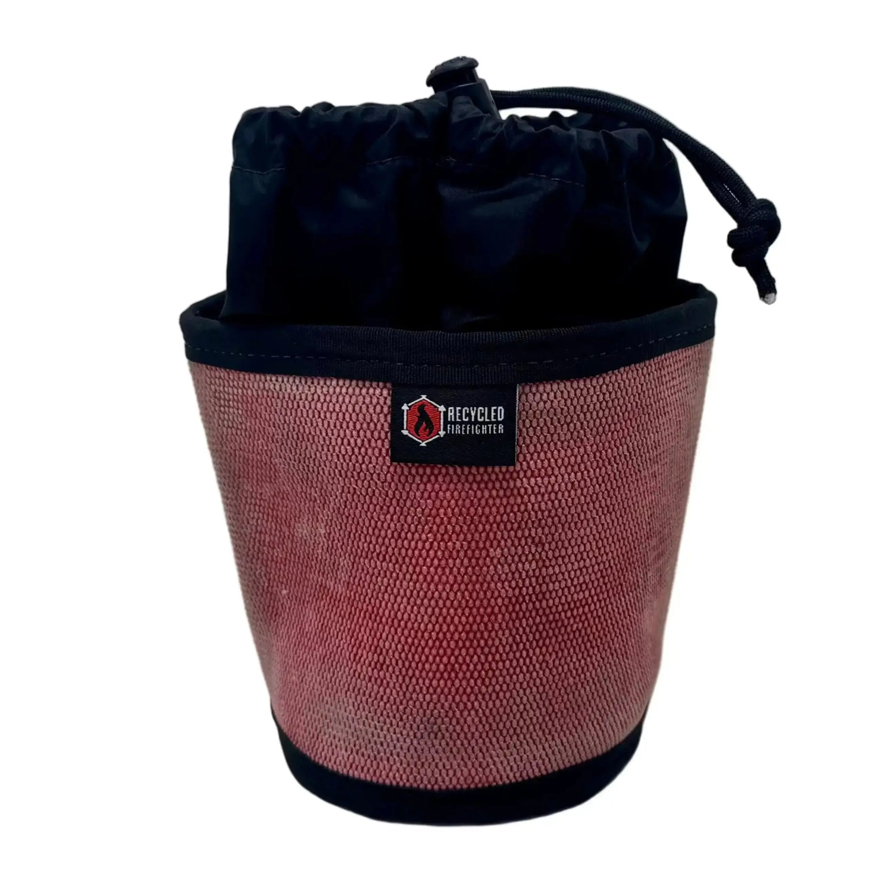 Red and black recycled fire hose ammo gear bag with drawstring closure and "Recycled Firefighter" logo.