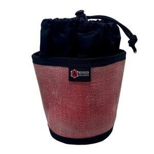 Red and black recycled fire hose ammo gear bag with drawstring closure and "Recycled Firefighter" logo.