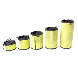 Five yellow recycled fire hose ammo gear bags in different sizes