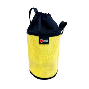 Yellow recycled fire hose gear bag with black cinch top and Recycled Firefighter patch.