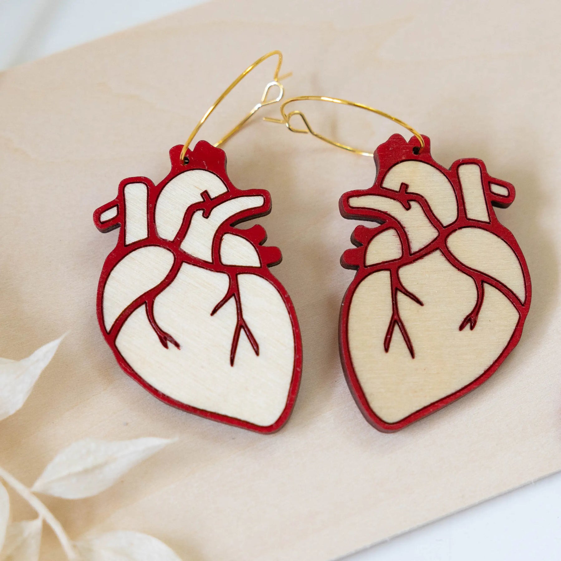 Anatomical Heart Wood Hoop Earrings hand painted on lightweight wood by LE CHIC MIAMI
