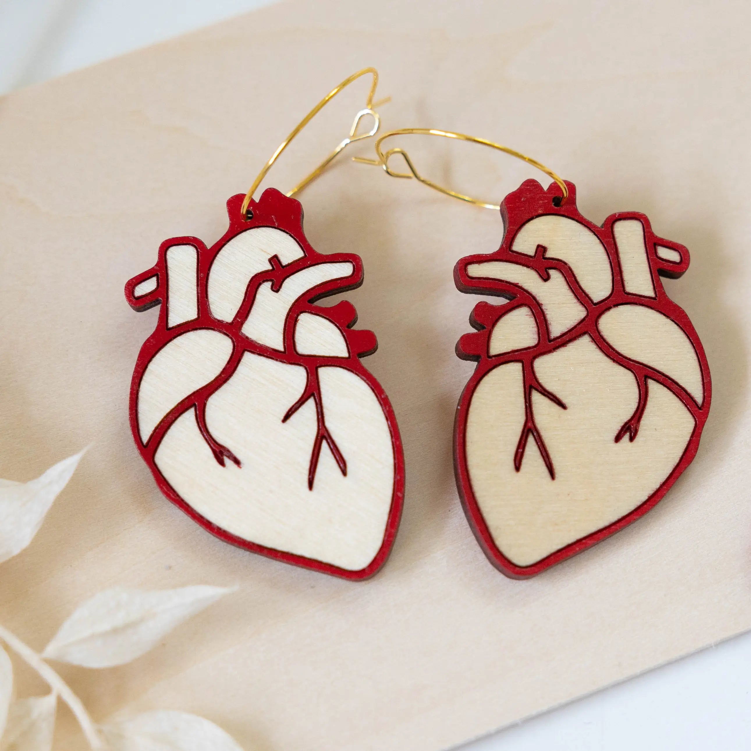 Anatomical Heart Wood Hoop Earrings hand painted on lightweight wood by LE CHIC MIAMI