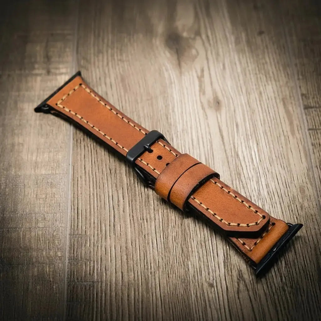 Leather Apple Watch band hardware and stitching detail