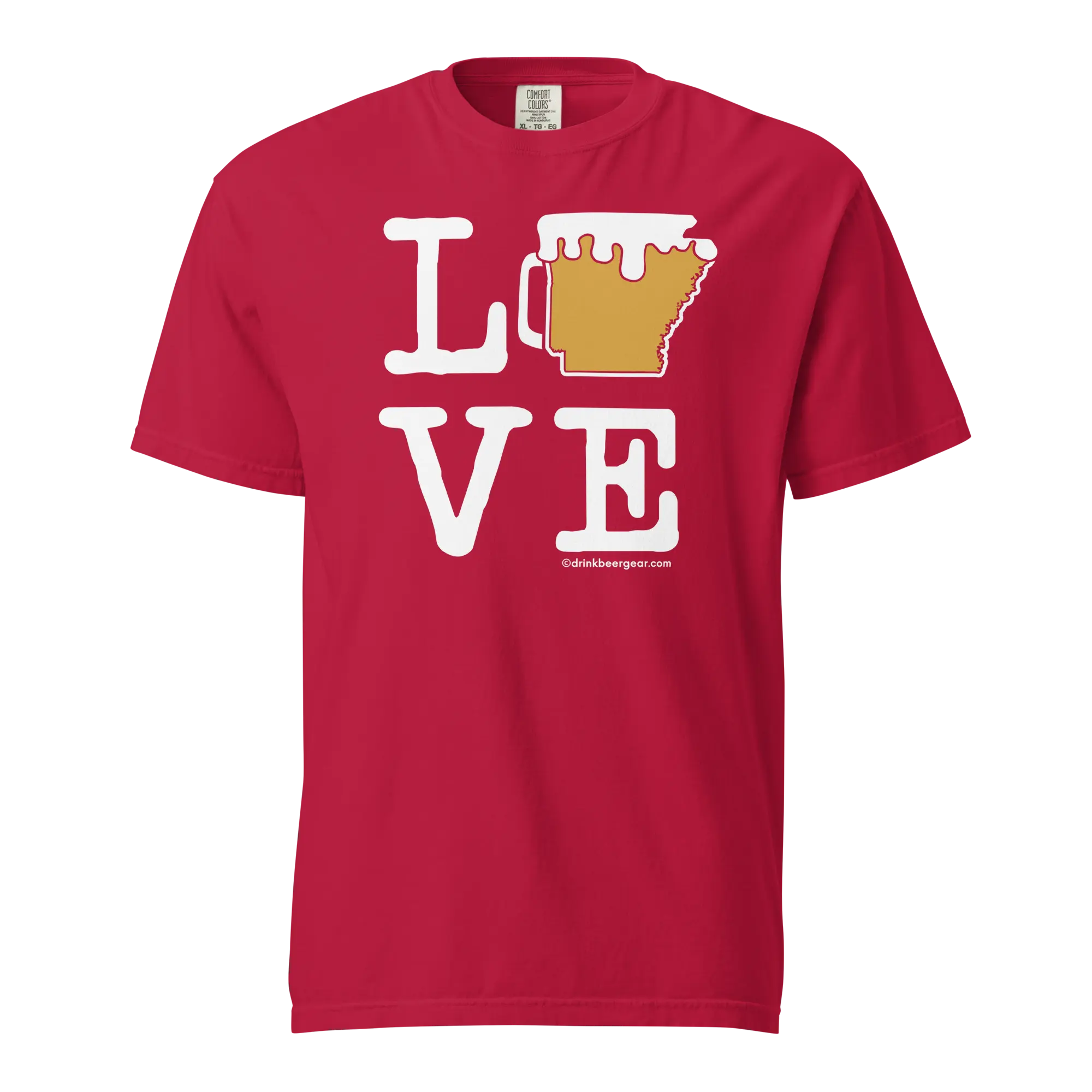 Red t-shirt with a white graphic of the word "LOVE" and an Arkansas-shaped beer mug.