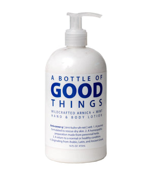 White pump bottle of A Bottle of Good Things Arnica + Mint Hand & Body Lotion.