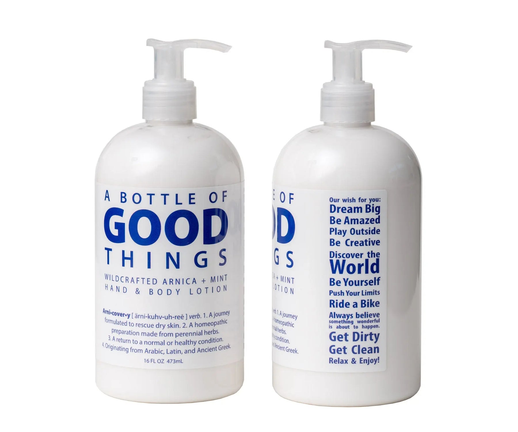 White pump bottle of Arni•cover•y Arnica + Mint Hand & Body Lotion.