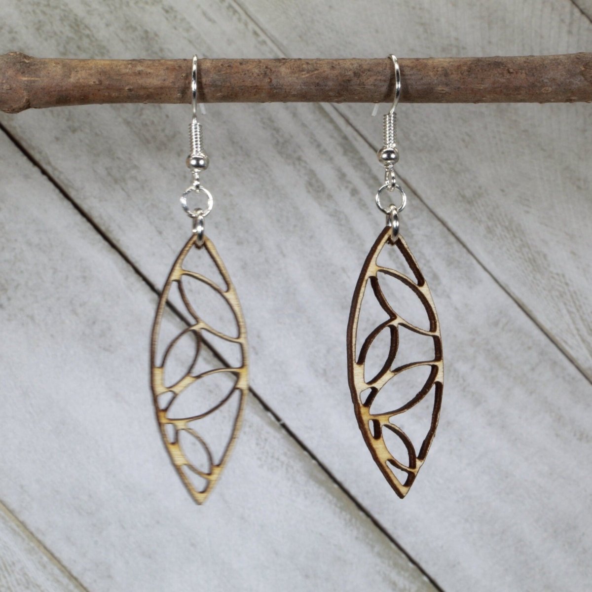 Art Deco Leaf Wooden Dangle Earrings | Geometric Nature Jewelry