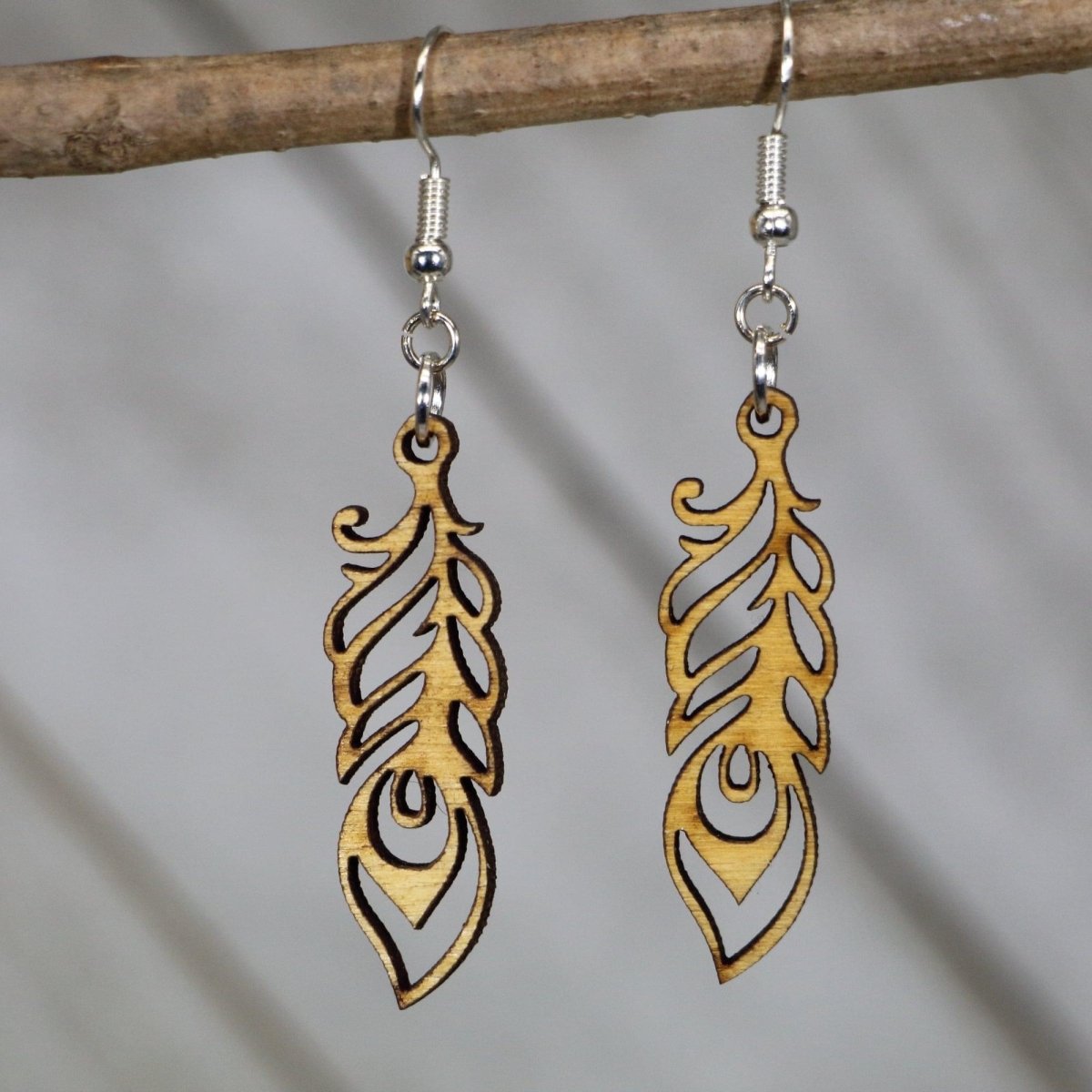 Art Nouveau Feather Wooden Dangle Earrings | Elegant Jewelry