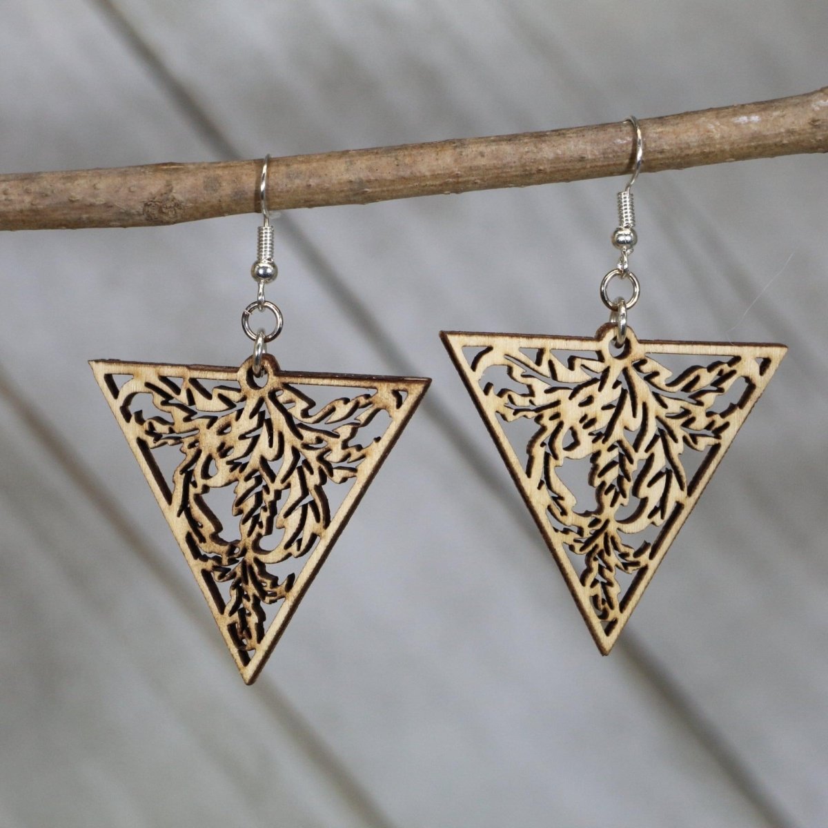 Art Nouveau Triangle Wooden Dangle Earrings | Nature Filigree Jewelry by Cate's Concepts, LLC, handmade jewelry main product photo