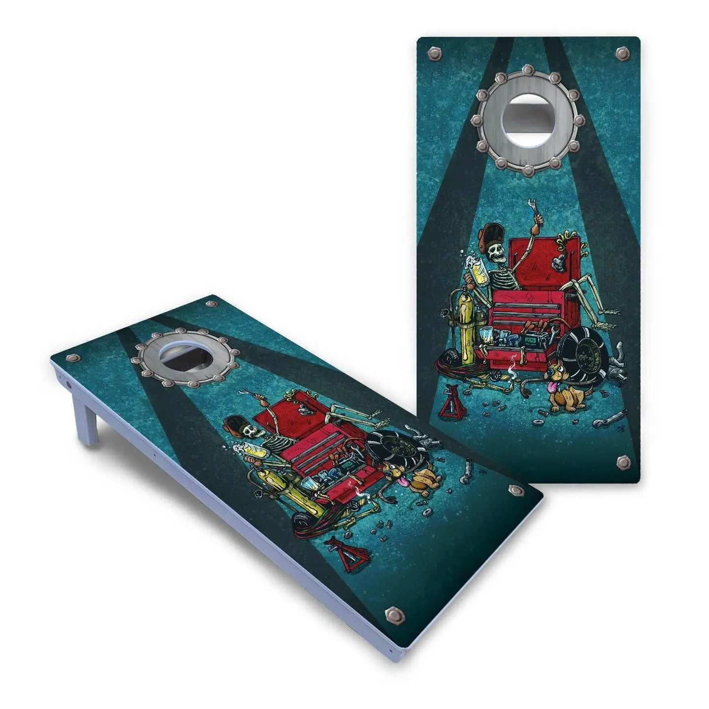 Artist Series Cornhole Boards - All Weather Series - Garage Life by Cornhole Solutions, custom cornhole board detail photo 2