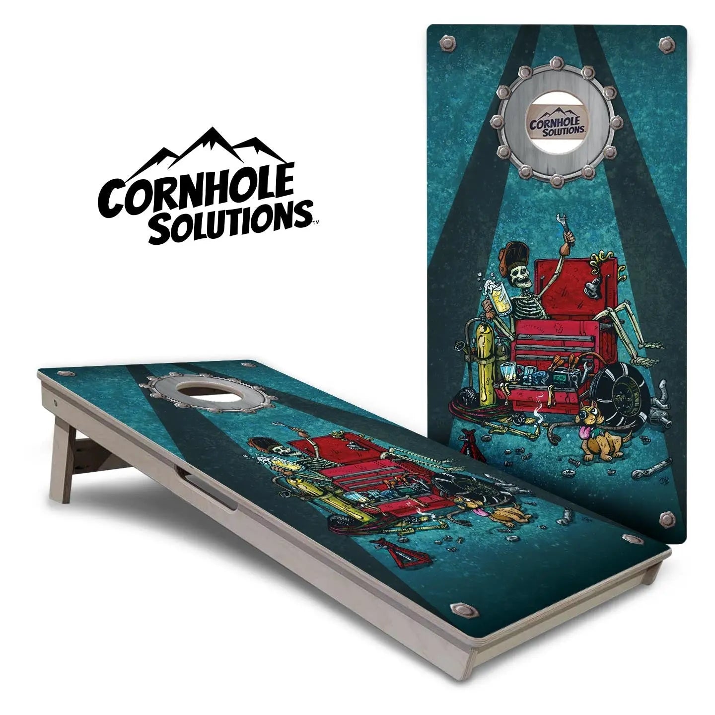 Artist Series Cornhole Boards - Professional Tournament Series - Garage Life by Cornhole Solutions, custom cornhole board main product photo