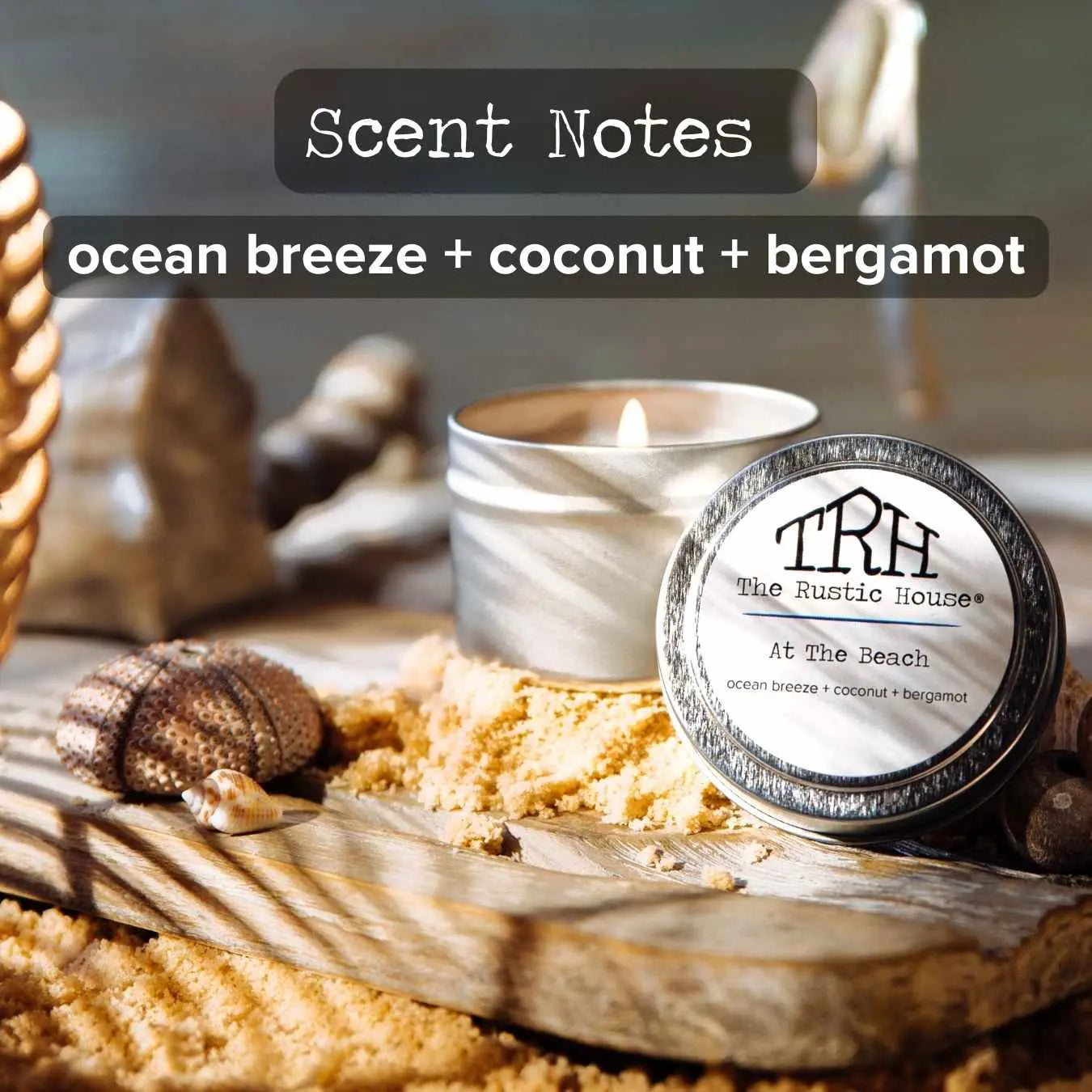 The Rustic House At The Beach travel tin candle with ocean breeze, coconut, and bergamot scent.