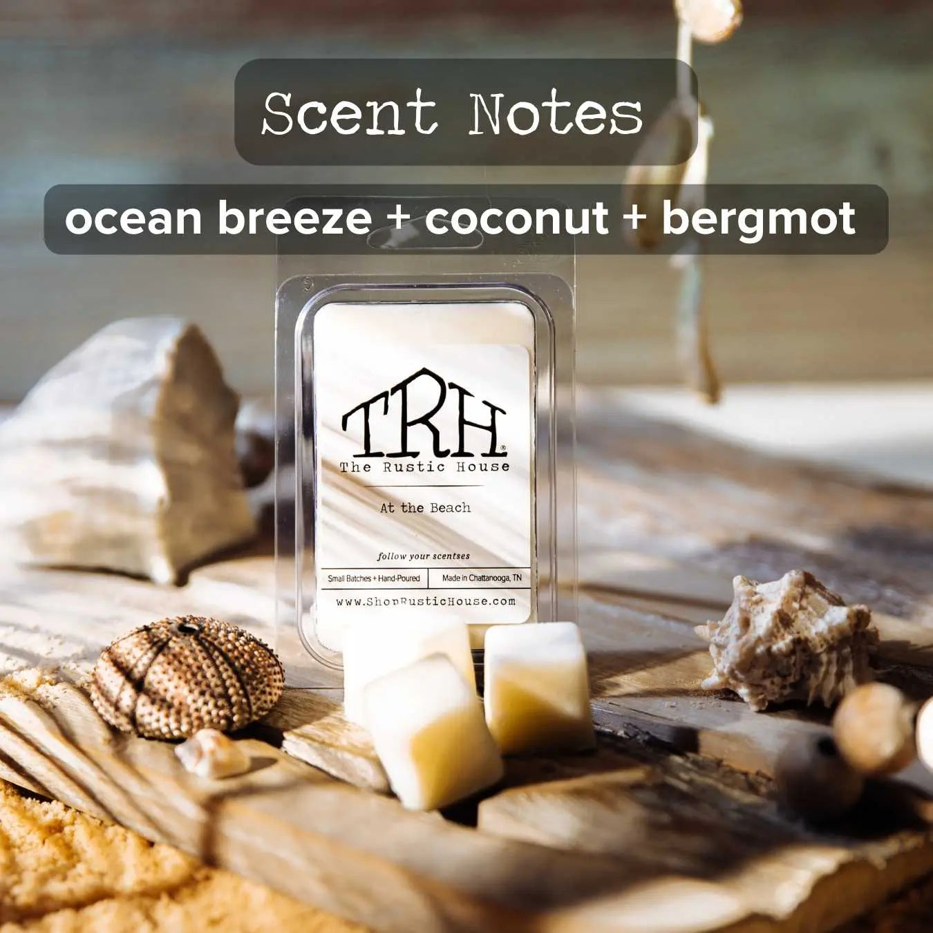 At the Beach wax melt with ocean breeze, coconut, and bergamot scent notes.