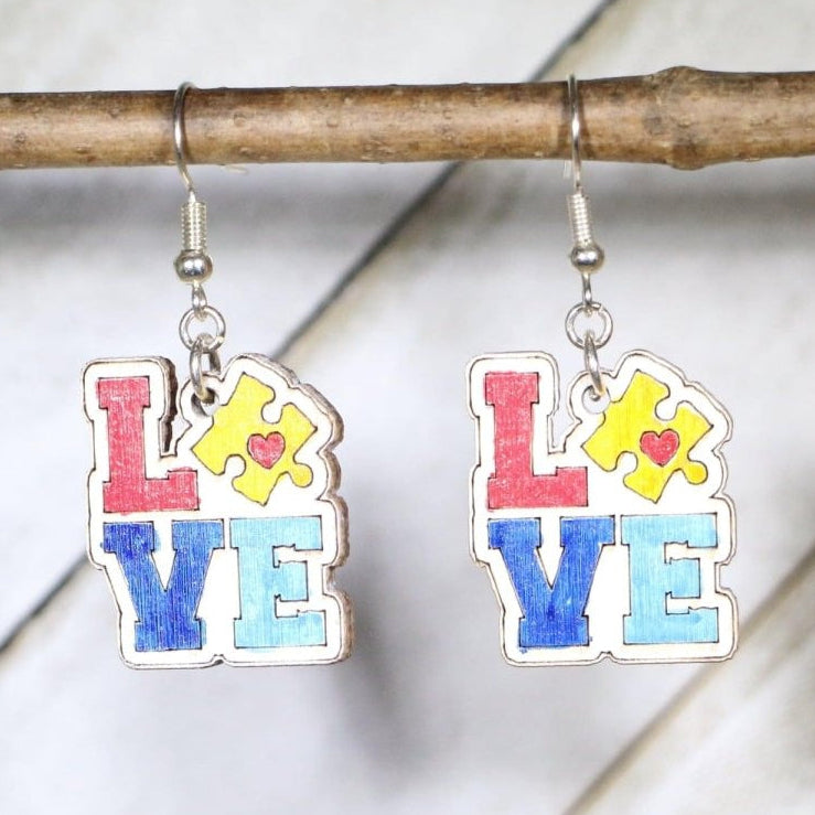 Autism Love Wooden Dangle Earrings | Awareness Jewelry