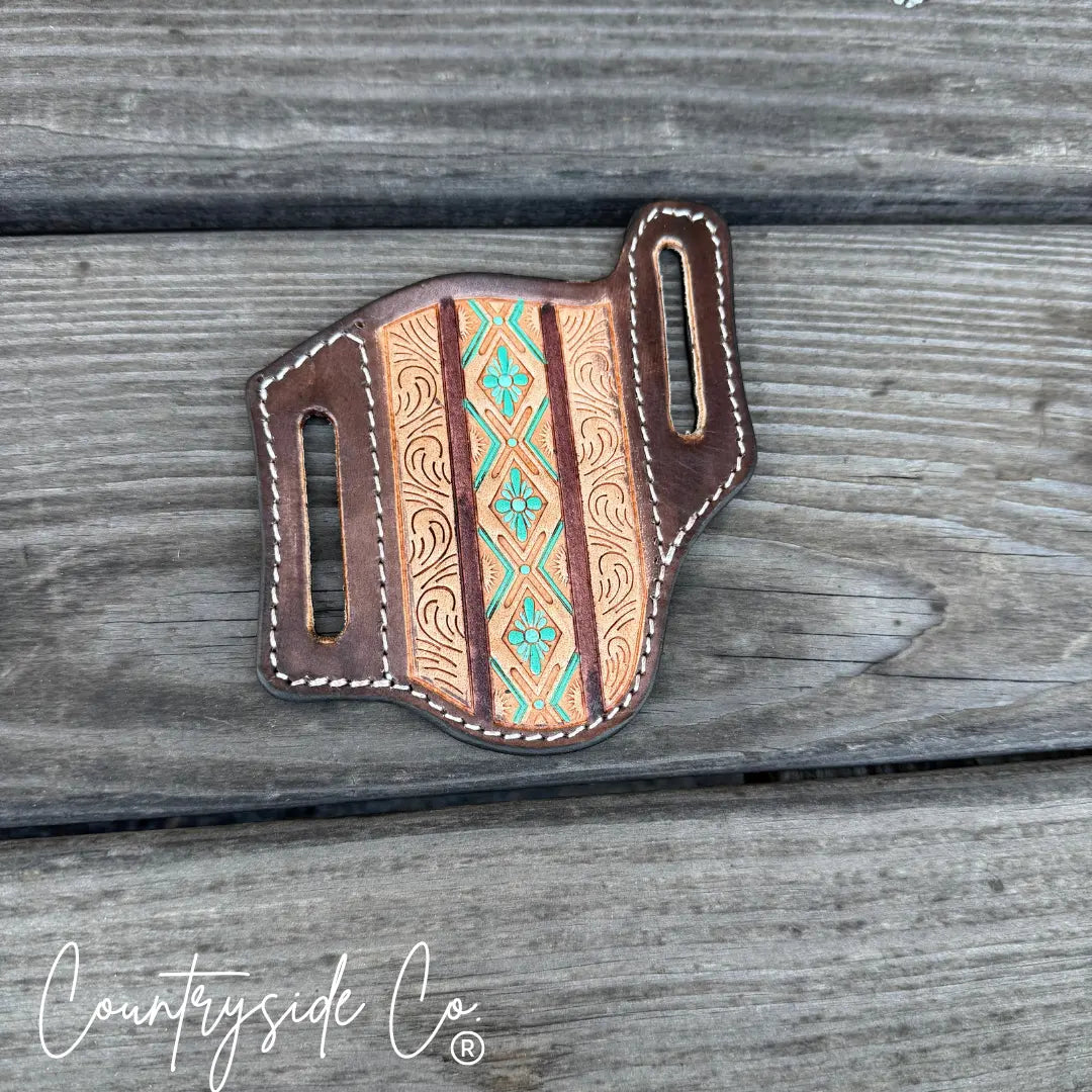 Aztec Tooled Leather Knife Sheath by Countryside Co., leather knife sheath main product photo