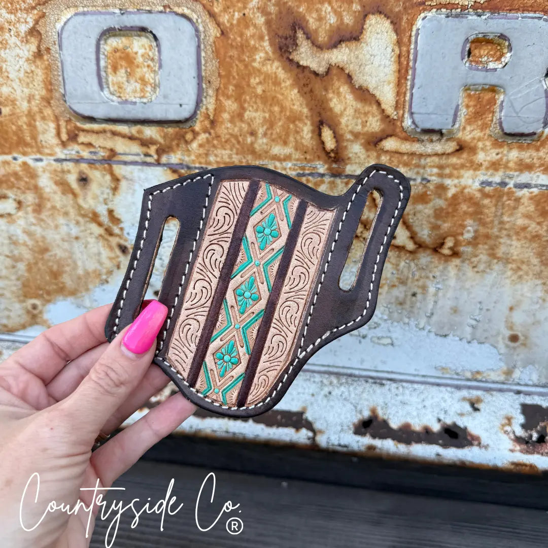 Aztec Tooled Leather Knife Sheath by Countryside Co., leather knife sheath detail photo 2