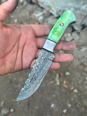 Green Damascus Drop Point Hunter with Mosaic Ricasso Pattern