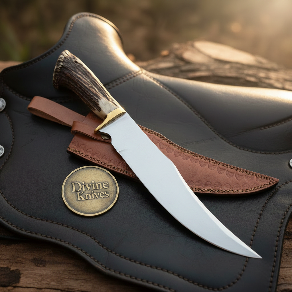 Crown Stag Trailing Point Hunter with Polished Blade by Divine Knives — product view 1