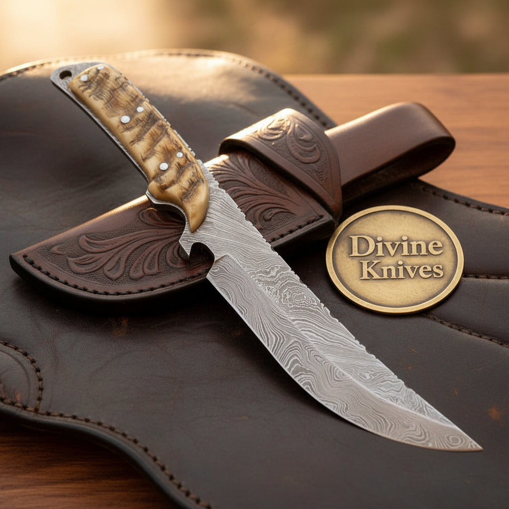 Staghorn Damascus Upswept Bushcraft Knife by Divine Knives