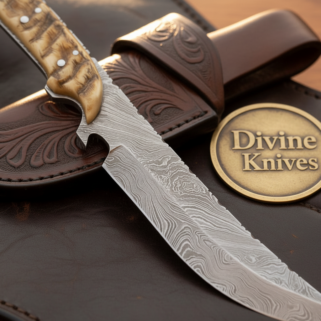 Staghorn Damascus Upswept Bushcraft Knife by Divine Knives — detail view 2