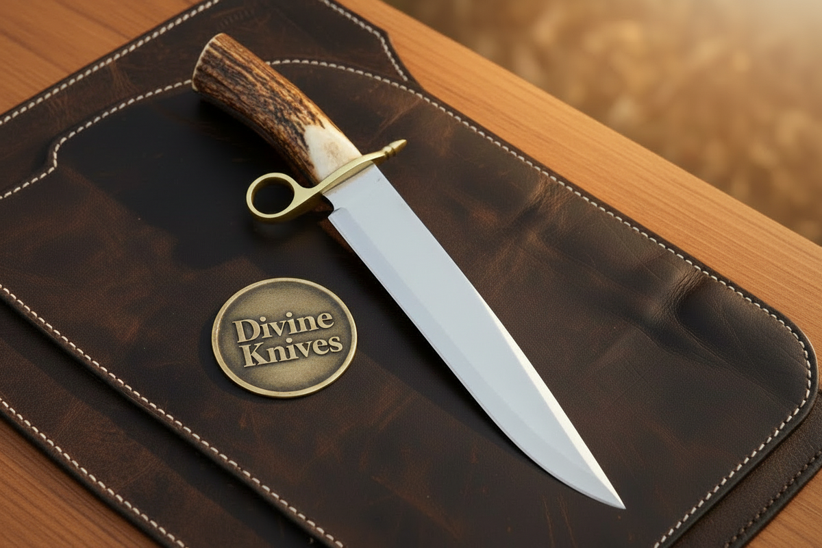 Ring Guard Stag Bowie Knife with Crown Antler Handle and Hand Laced Leather Sheath by Divine Knives — product view 3