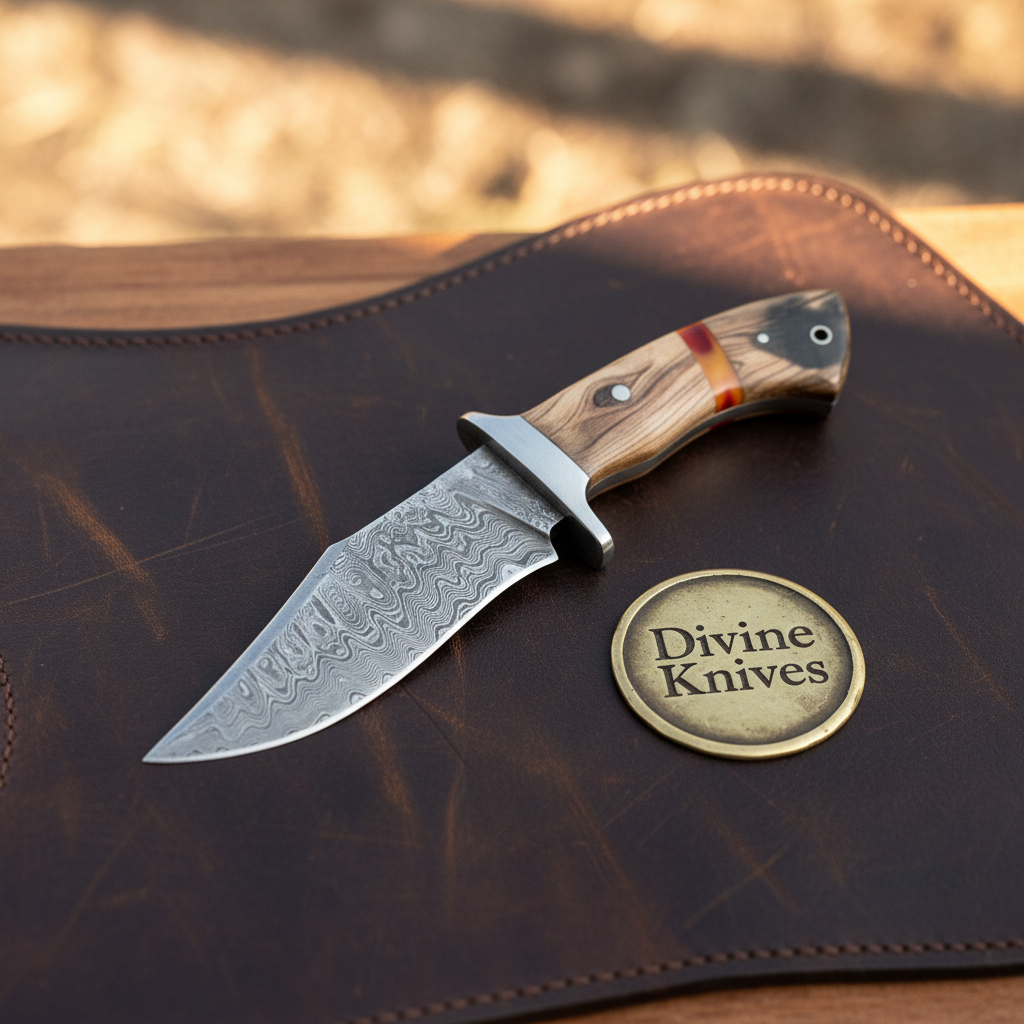 Olive Wood Damascus Clip Point Hunter with Natural Wood Handle by Divine Knives — product view 2