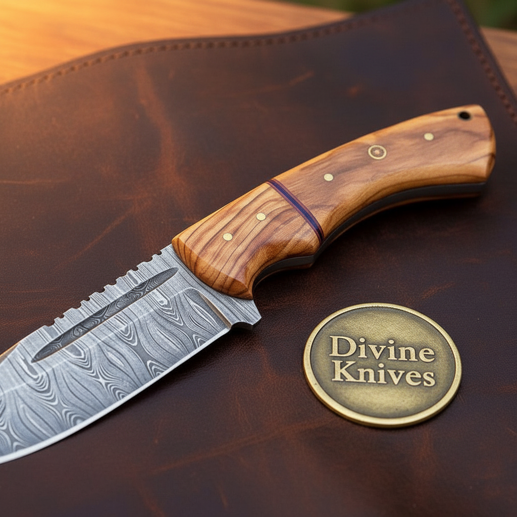 Damascus Drop Point Bushcraft Skinner by Divine Knives — detail view 2