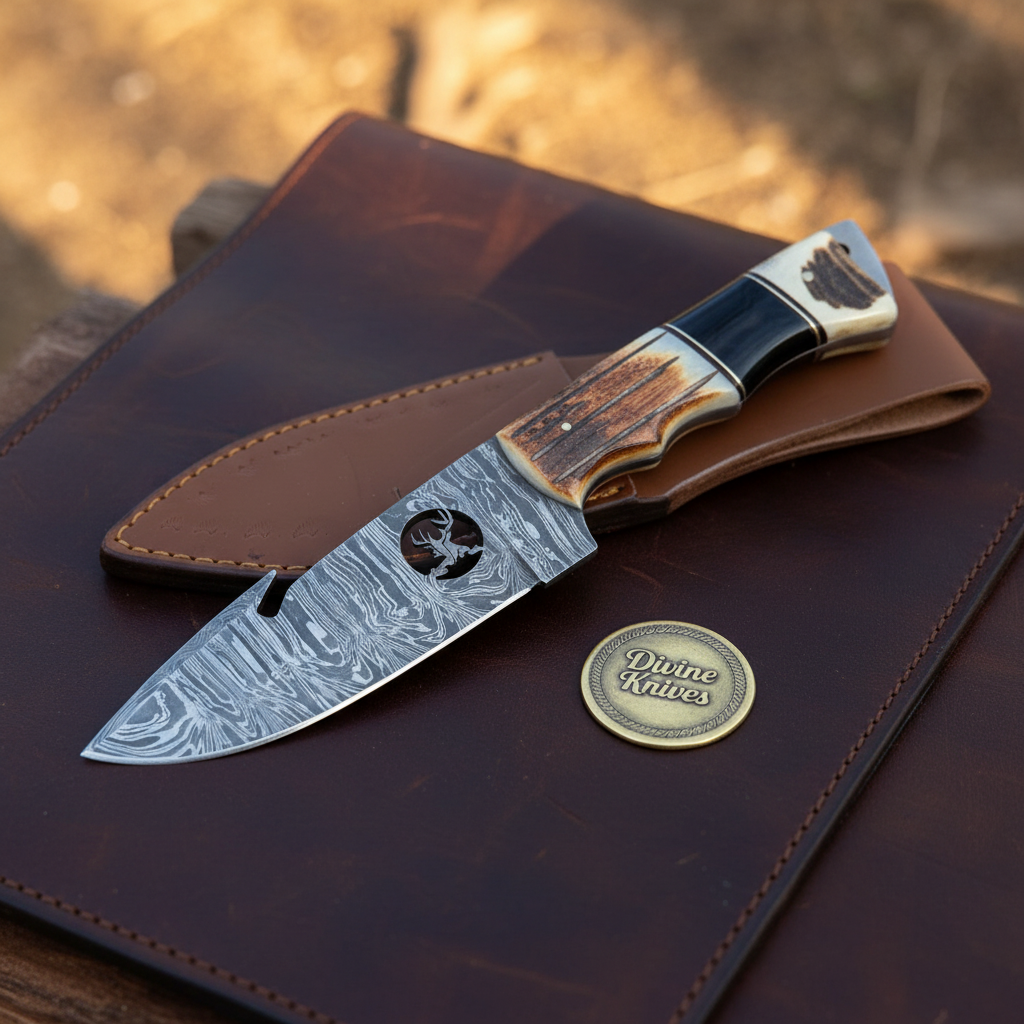 Deer Silhouette Gut Hook Knife with Cutout Blade Artwork and Stag Bone Handle by Divine Knives — product view 2