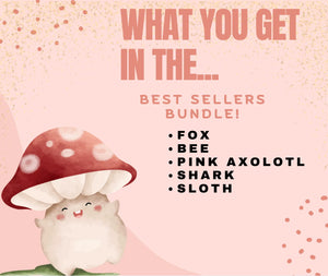 Best Seller Fidget Bundle: Fox, Bee, Axolotl, Shark, Sloth. Cute mushroom character illustration.